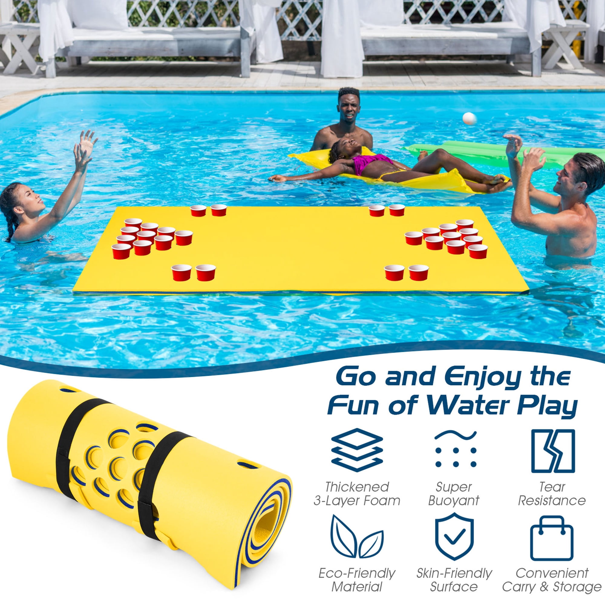 Gymax 3-Layer XPE Foam Floating Beer Pong Table Floating Game Table Water Mat Yellow