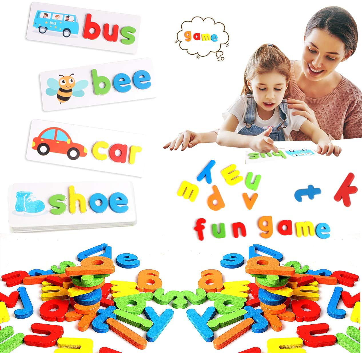 USATDD Matching Letter Game Wooden Sight Word Games Alphabet ABC Reading＆Spelling Educational Toys with Puzzles and Flashcards For Preschool Toddlers Gift For Kindergarten 3 Years Old Kids Boys Girls