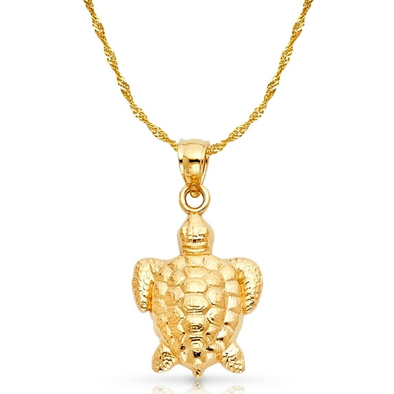 Ioka-14K Yellow Gold Turtle Charm Pendant with 1.8mm Singapore Chain Necklace - 16"
