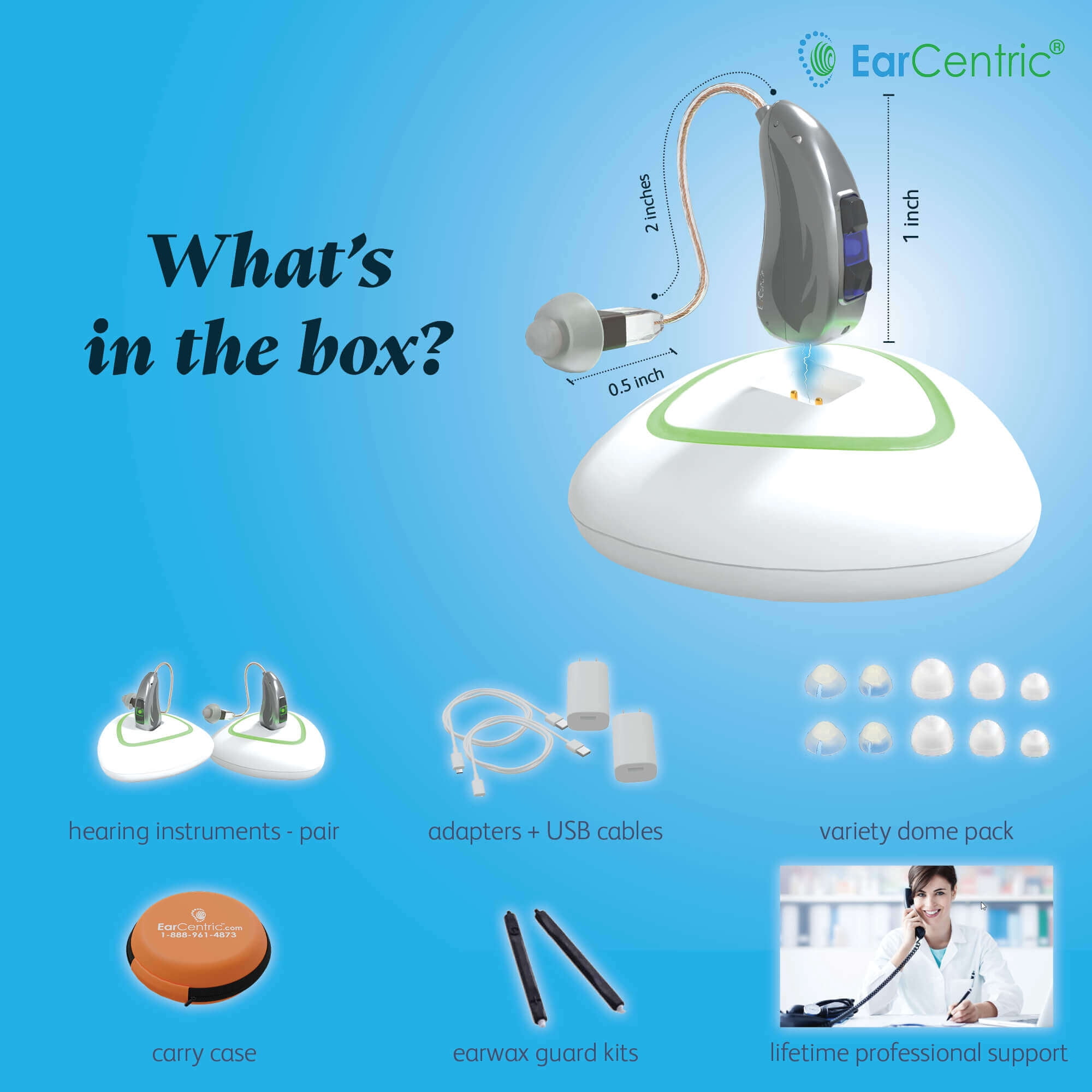 EarCentric RIE OTC RIC Hearing Sound Amplifiers Aids for Ears Rechargeable Seniors with Noise Reduction [1 Pair, Silver]