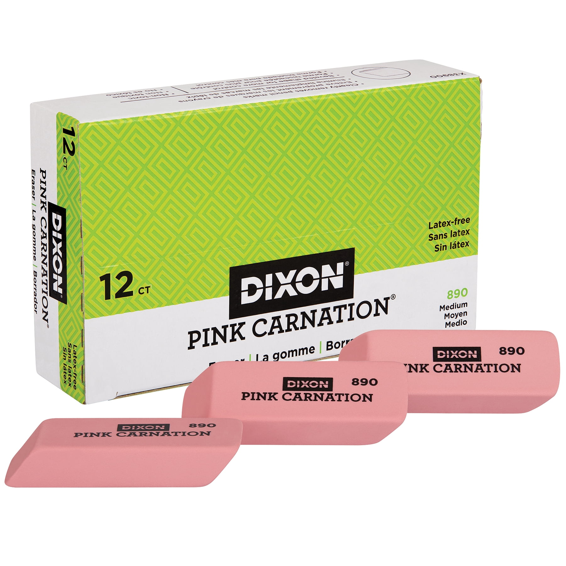 Dixon Pink Carnation Erasers, Medium, 2-5/16 x 13/16 x 7/17, 12 Per Pack, 3 Packs