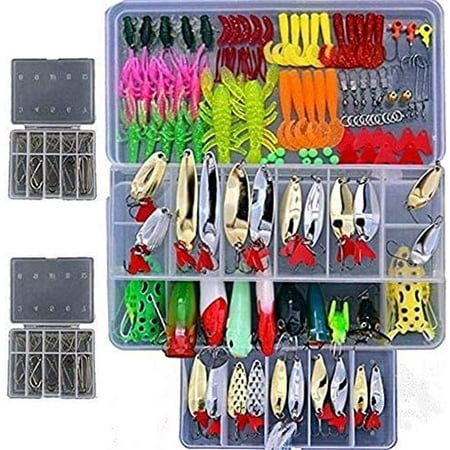 Smartonly1 Set 226Pcs Fishing Lure Tackle Kit Bionic Bass Trout Salmon Pike Fishing Lure Frog Minnow Popper Pencil Crank Soft Hard Bait Fishing Lure Metal Spoon Jig Lure with Fishing Tackle Box