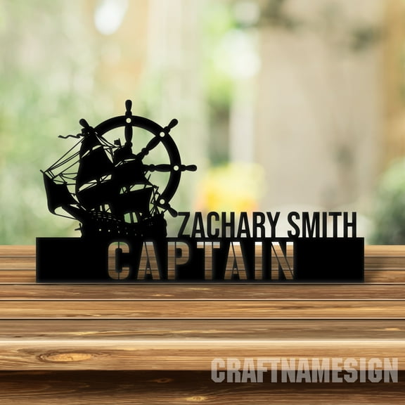 Craftnamesign Custom Wooden Pirate Ship Desk Name Plate, Ship Metal Nameplate, Desk Office Decor