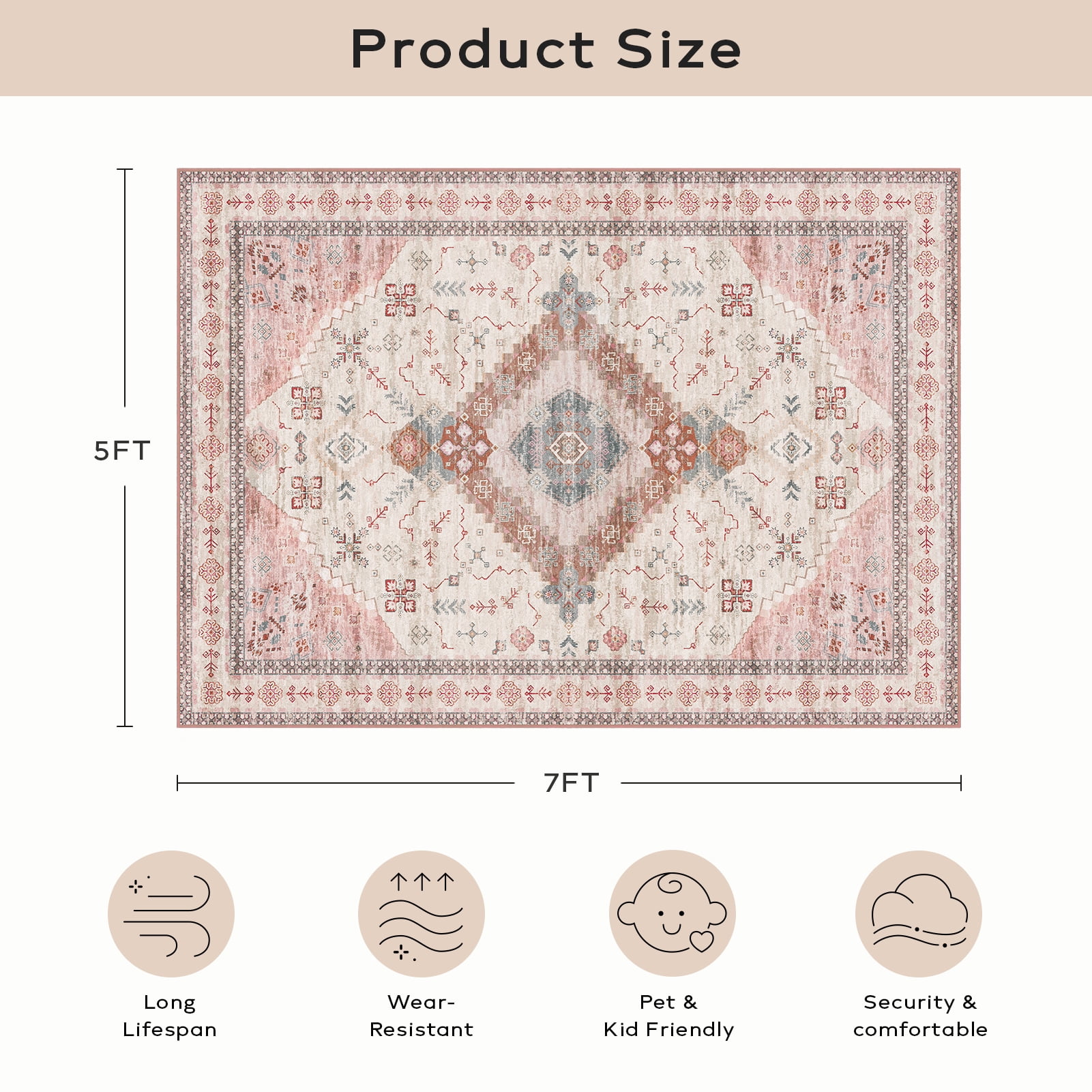 Phantoscope 5'x7' Washable Indoor Area Rug Classic Printed Carpet Non-Slip Thin Low-Pile Rug for Living Room Bedroom Office, Red