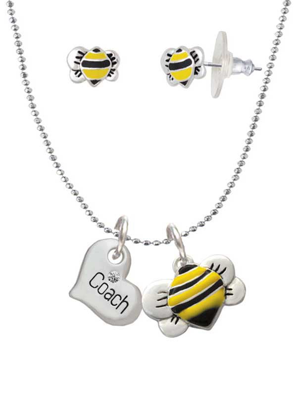 Silvertone Small ''Coach'' Heart - Bumblebee Necklace and Stud Earrings -  