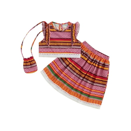 

Suanret Kids Girls Summer Skirts Outfits Striped Geometric Print Tank Tops Elastic A-line Skirt Crossbody Bag Sets Red Pink Orange 6-7 Years
