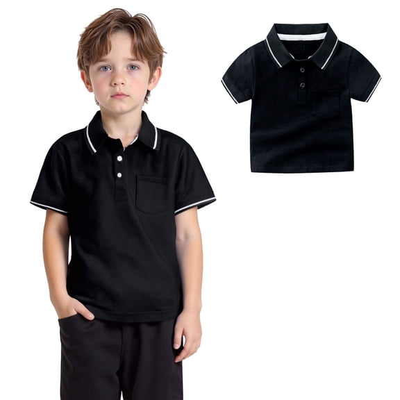 Boys Polo Shirts Black Button Down Short Sleeve Polo Shirts Kids Uniform Shirts for Boys Classic Tween Baseball Tops 10-11 Years