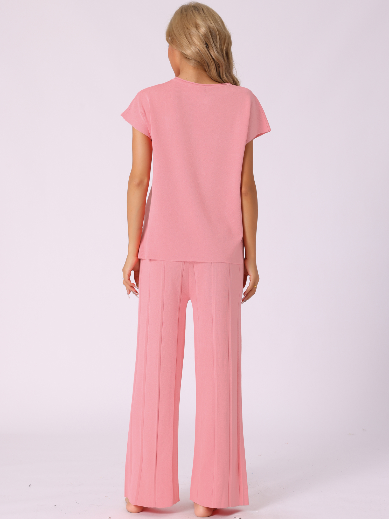 DARING DIVA Women's 2-Piece Short Sleeve Tops Wide Leg Pants Sets S Pink