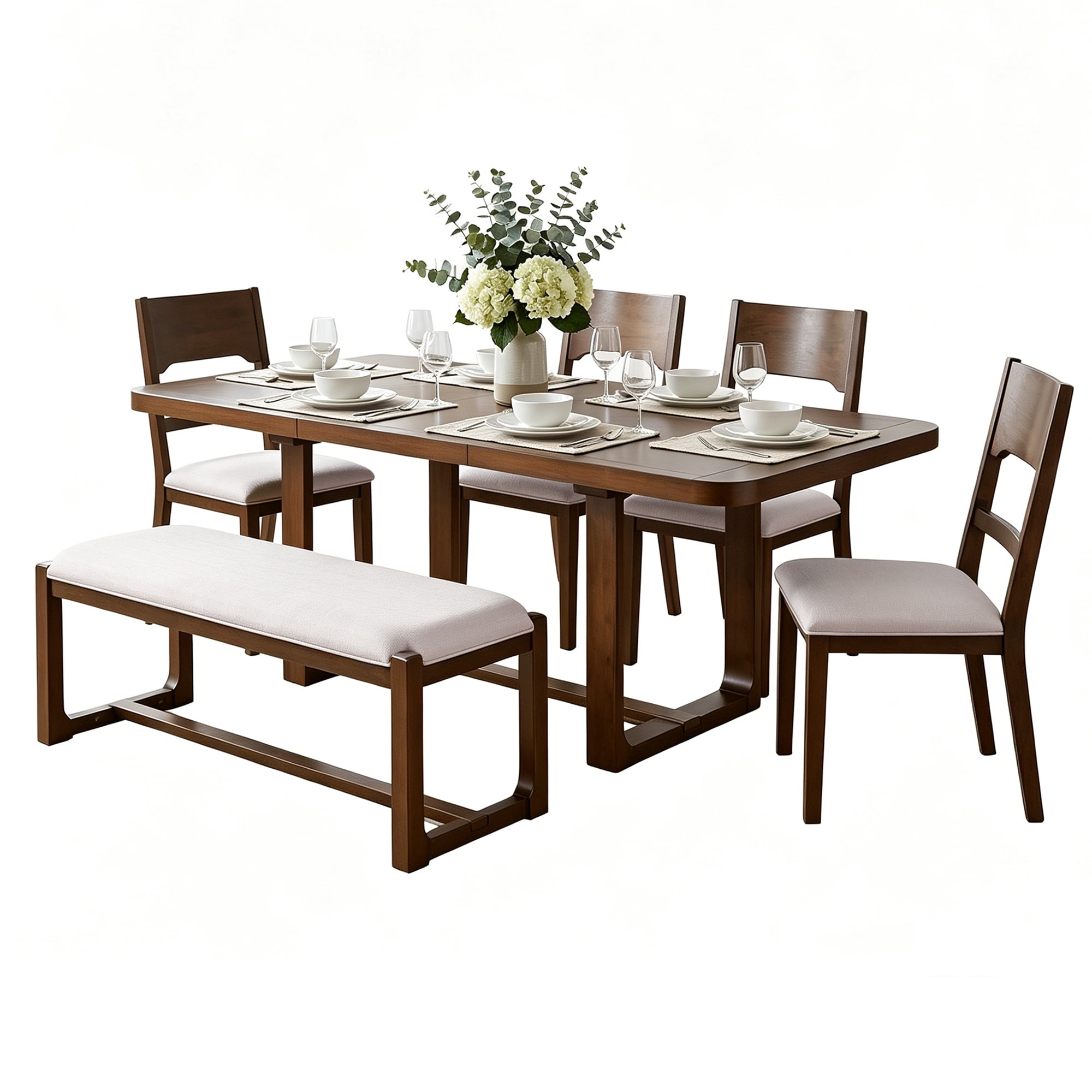 Mintazer 6-Piece Extendable Dining Table Set with 4 Upholstered Chairs & Bench, Rectangular Expandable Kitchen Table with Anti-Scratch Foot Pads, Walnut Brown