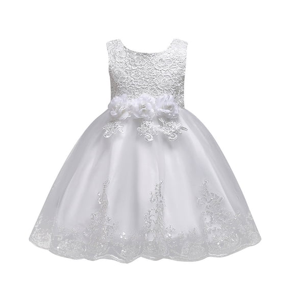 FINALGANG Girls Kids Solid Color Lace Tulle Dress Sleeveless Crewneck 3D Floral Applique Sequin Trim Princess Party Dress For Party Daily Wear White 12-24 Months
