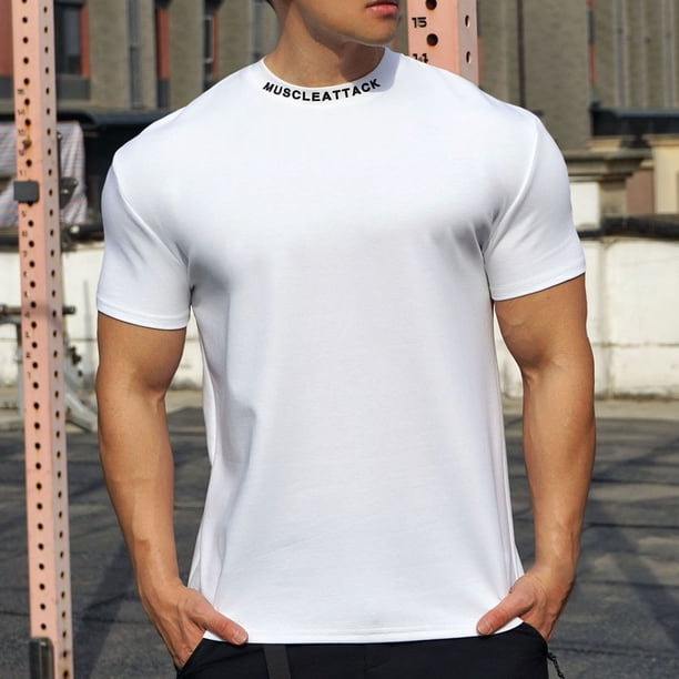 Blusas y camisas de manga corta y cuello redondo para hombre. Blusas casuales de verano para hombre, de manga corta, de color liso, con cuello redondo, para fitness. Blusas de poliéster para hombre.