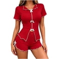 thumbnail image 3 of Women Pajama Set Solid Bow Stretch Short Sleeve Top with Elastic Waist Casual Shorts Outfit, 3 of 5