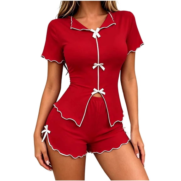 Kaemgyyd Cute Pajama Sets for Women Short Sleeve Bow Front Slim Pjs Top with Shorts Loungewear Soft Sleepwear for Daliy(Red,X-Large)