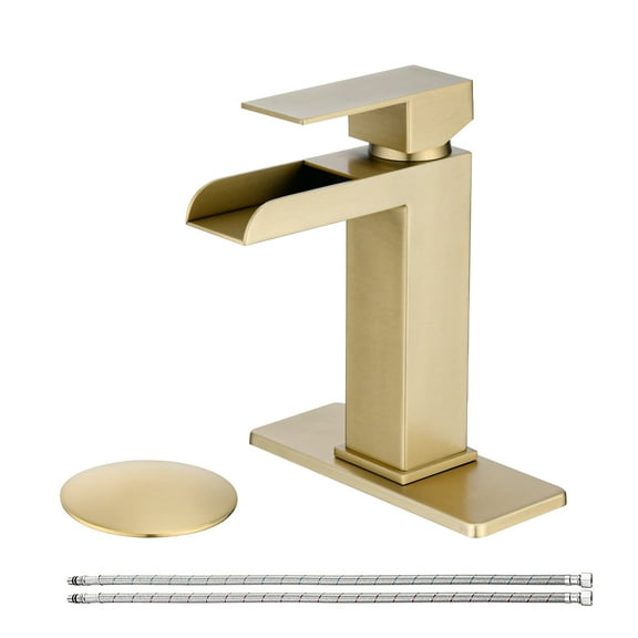 Bathroom Faucet Waterfall Bathroom Faucet Brushed Gold Single Handle Bathroom Sink Faucets 1 or 3 Hole Solid Vanity Faucet with Deck Plate & Overflow Pop Up Drain Brushed Gold,Bathroom Sink Faucet