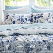 Regency Heights 9-Piece Queen Size Seersucker Comforter Set with Sheets, Texture Botanical Print Bed in a Bag, Blue Bedding Comforter Set with Sheet Set with Side Pocket