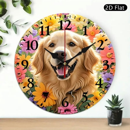Golden Retriever Wall Clock Floral Garden Design Decorative Round Clock 10x10 Inch 1pc Battery Not Included