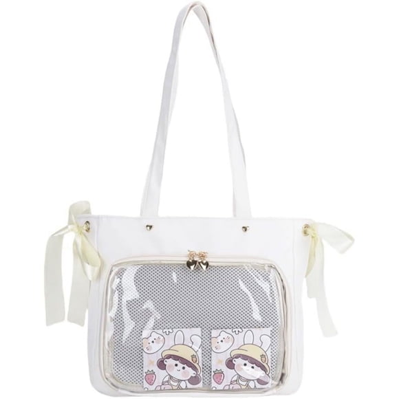 LHSHID Cute Ribbon Japanese Ita Bag Large Tote Crossbody Bag Messenger Bag for Women Aesthetic Bag Y2K Purse (White)
