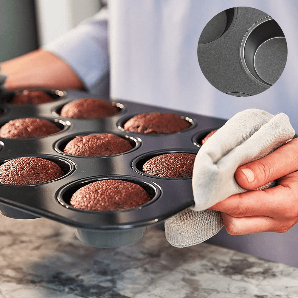 Moule 12 Cavités Anti-Adhésif En Acier Inoxydable – Muffins, Cupcakes, Cookies, Mini-Gâteaux (Noir/Doré)