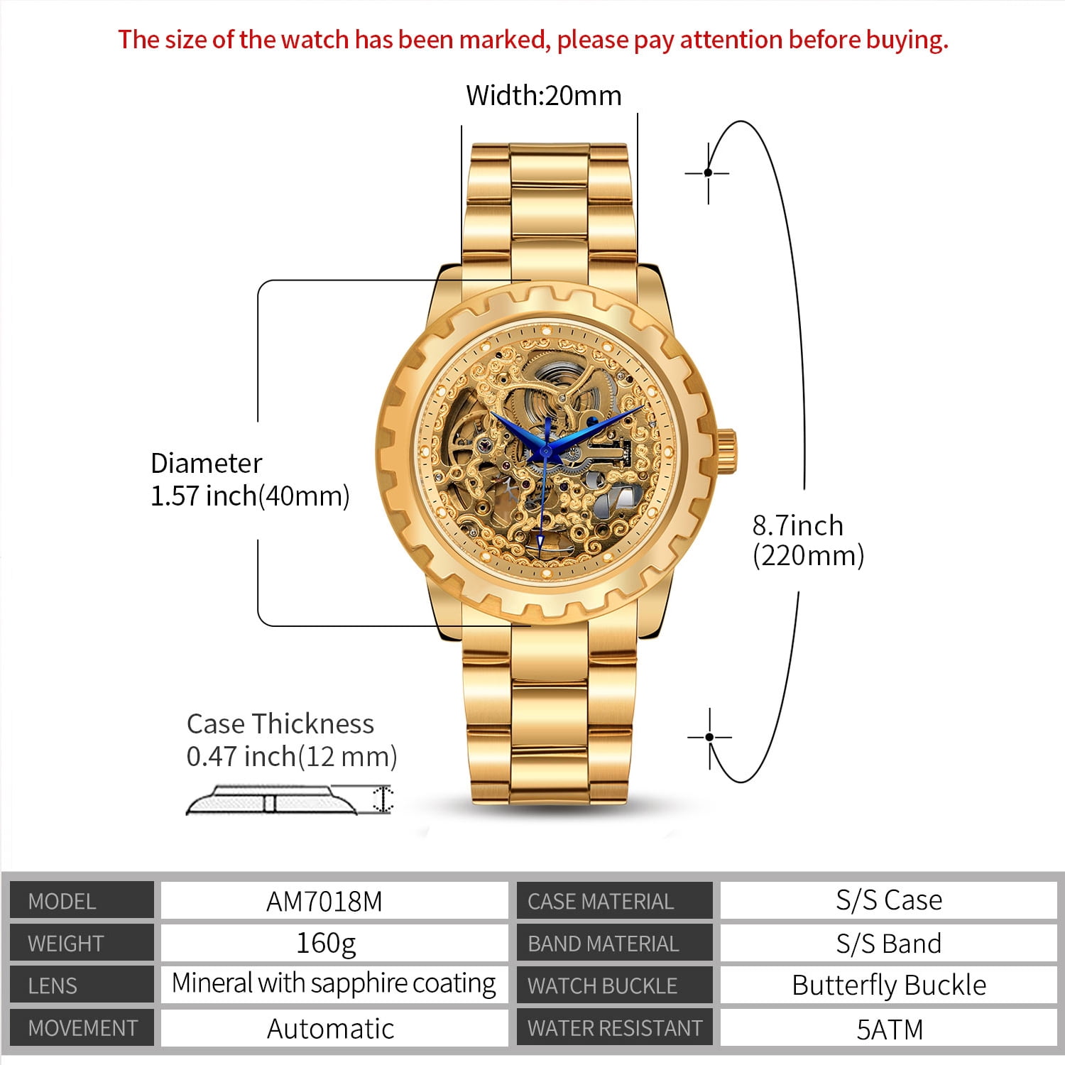 BERNY Automatic Watches for Men, Luxury Skeleton Mechanical Watch Self Winding Carved, Exhibition Caseback, Luminous, 5ATM Waterproof, Stainless Steel, Vintage Men's Wrist Watch (Gold)