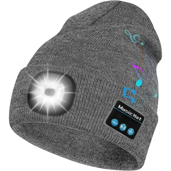 Bluetooth 5.3 Beanie Soft Hats with 6 LED Light Headlamp Cap with Headphones and Built-in Speaker Mic Gifts for Men Women Teen Foldable and washable