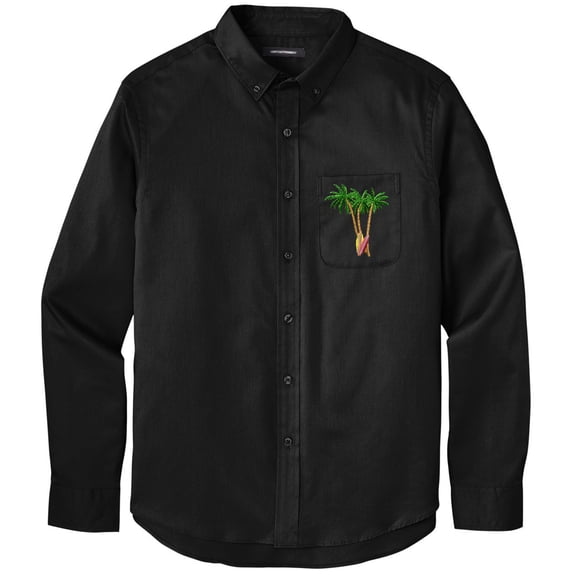 Men's PALM TREES with SURFBOARDS PATCH Twill Shirt with Pocket, Extra-Small Deep Black