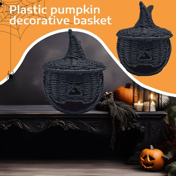 Halloween Pumpkin Decorate - Halloween Pumpkin Candy Bowl with Witch Hat Lid Black Woven Rattan Jack-O-Lantern Trick or Treat Basket Decor