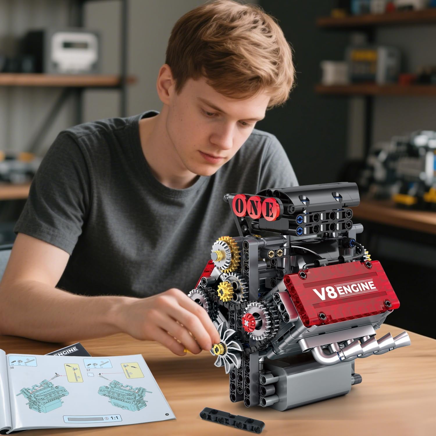 478PCS V8 Engine Building Set,V8 Engine Model kit that Run,Build Your Own STEM Mini V8 Model Engine Kit with Battery Box and L Motor,8-Cylinder Car Engine Building Engineering Toys for Kids Adults