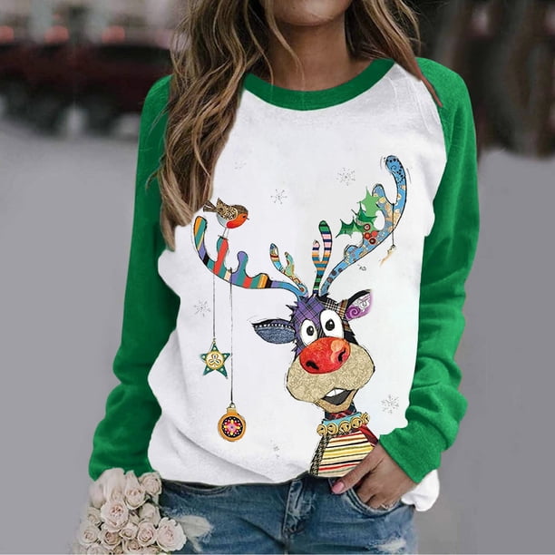ICHUANYI Clearance Women's Round Neck Christmas Print Long-sleeved Sweatshirt Casual Blouse Pullover Tops(White, M) ICHUANYI WER2023080906556