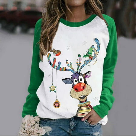 

jsaierl Fall Sweatshirts for Women Cartoon Printed Christmas Sweatshirt Round Neck Long Sleeve Fashion Tops for Women Lightweight Pullover for Teen Girls