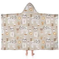 Cute Shih Tzu Dog and Coffee Pattern Hooded Bath Towel，60"x35" for Ages 3 To 12 Kids, Quick Dry Lightweight Soft Microfiber Hood Beach Towel Cover Up for Kids