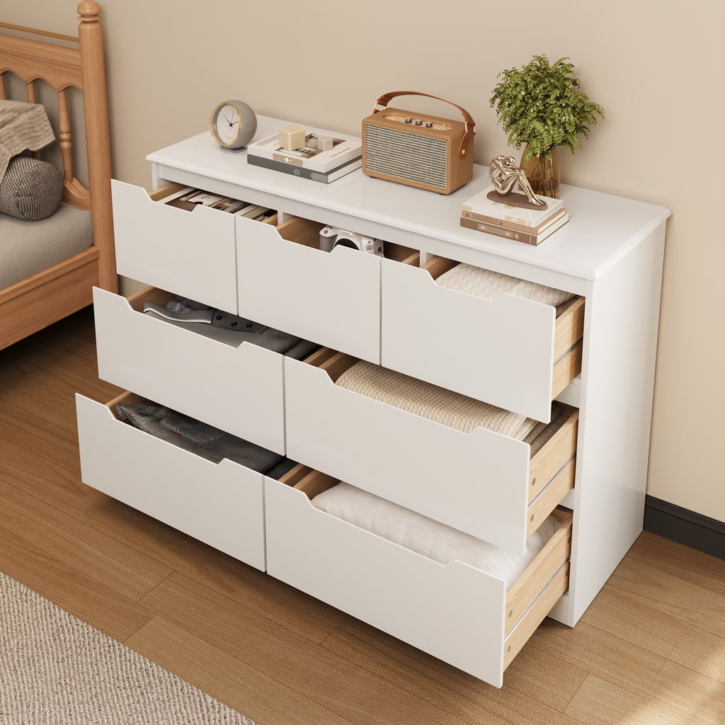 Aiho 7 Drawer Dresser, Wide Chest of Drawers Nightstand Storage Tower Storage Wooden Dresser for Living Room, Bedroom, Hallway - White
