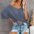 thumbnail image 6 of Women's Knit Short Sleeve Top Summer Loose Solid Blouse Casual V Neck 3/4 Sleeve Shirt, 6 of 8