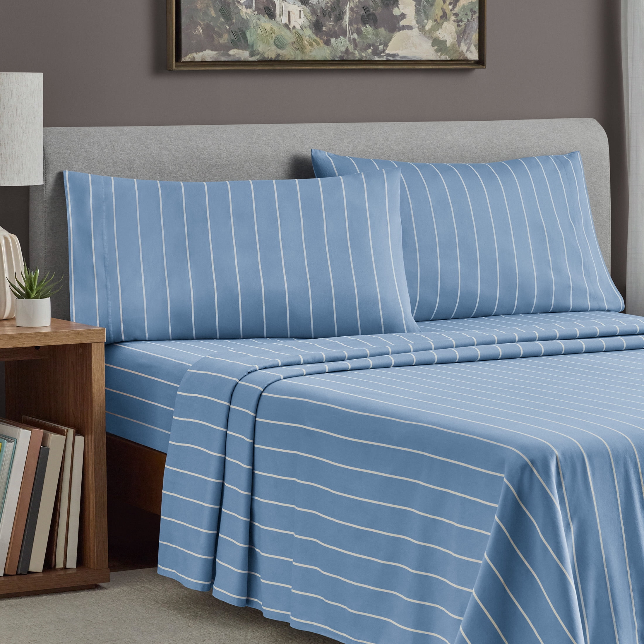 Mainstays 100% Cotton 4-Piece 220 Thread Count Blue and White Stripe 100% Peached Cotton Dreamy Soft Bed Sheet Set, Full