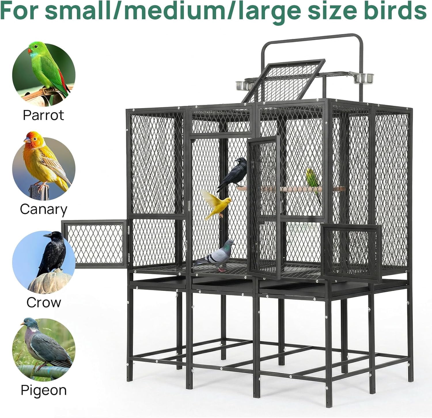 Walnest Heavy Duty Large Bird Aviary Cage 44x28.74x44.5-65 Inch, Rustproof Outdoor Bird Cage with 2 Feeding Bowls & Feedable Doors for Parrot, Eagle, Pigeon, Hornbill & Large Birds