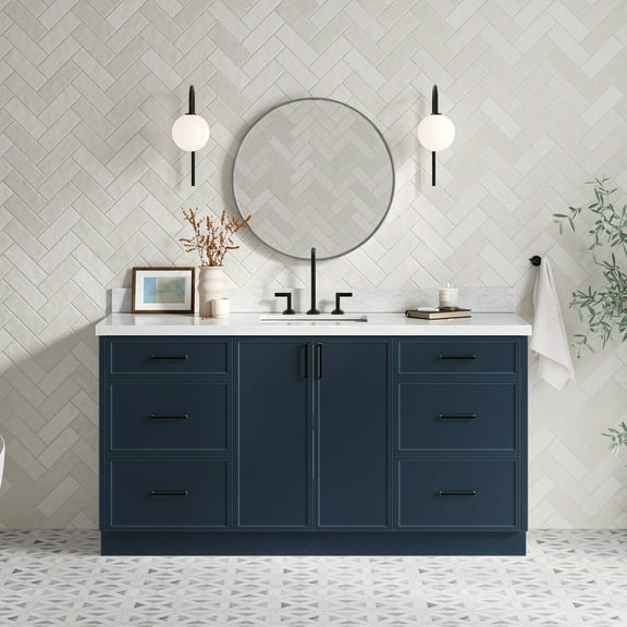 Ariel Kelly 67 Inch Single Rectangular Sink Bathroom Vanity With Italian Carrara Marble Countertop 1.5 Inch Edge In Midnight Blue