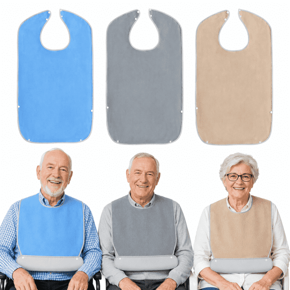 ChrumpTon 3 Pack Adult Bibs for Men and Women, Large Towel Bibs with Waterproof Lining, Adjustable Washable Clothing Protectors with Crumb Catcher, Blue Gray Camel