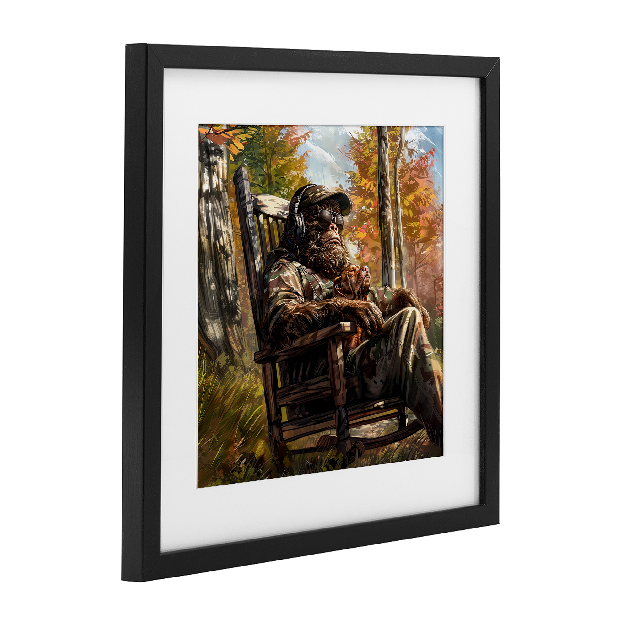 Mythical Creature with Headphones Black Framed Print Under Glass, design by Jim Baldwin