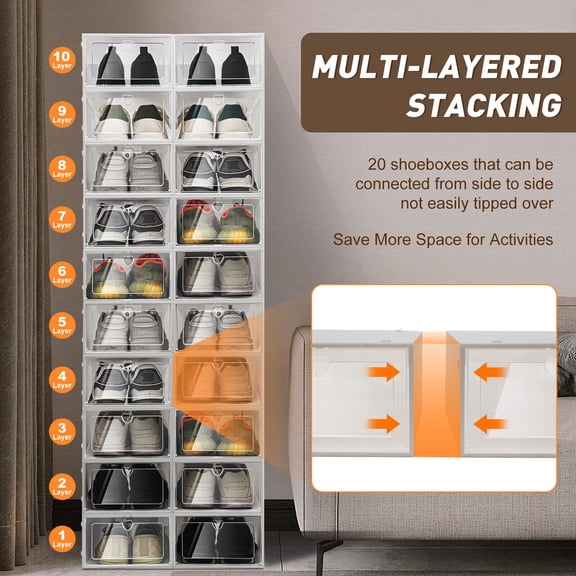20Pcs Set Stackable Foldable Shoe Box Storage Plastic Cabinet Closet Organizer for Entrance, Bedroom
