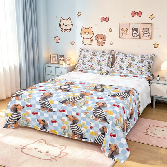 Manfei Checkered Dachshund Queen Sheets, Fruit Puppy Queen Sheet Sets, Blue, 4-Piece, 1 Flat Sheet, 1 Fitted Sheet and 2 Pillowcases