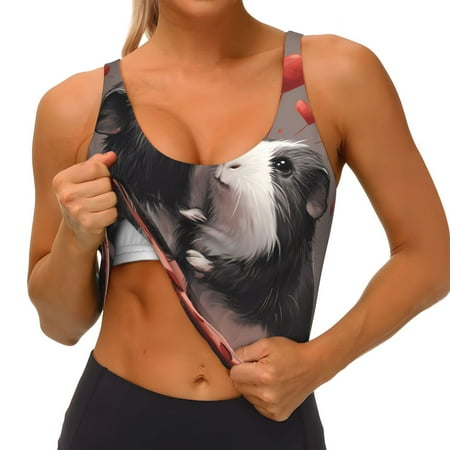 Qokaie Heart Guinea Pig Couple Pattern Womens Scoop Neck Sports Bra Breathable Workout Vest Padded U Back Medium Impact Fitness Gym Yoga Bra Workout Crop Top