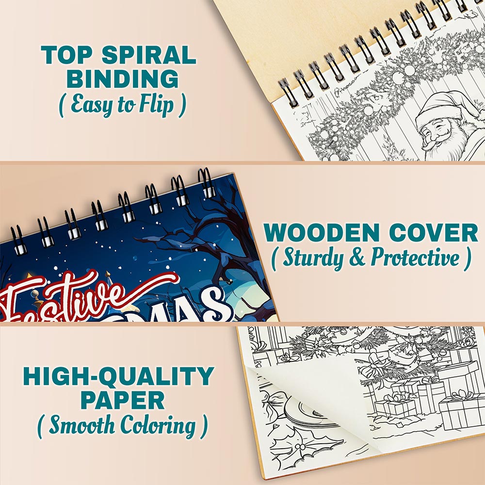 Netecom Festive Christmas Coloring Book Spiral Bound for Adults, A5 Wooden Cover, 30 Beautiful Coloring Pages of Xmas Day for Stress Relief and Relaxation