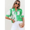 thumbnail image 1 of I AM A FASHION JUNKY Green Floral Ric Rac Edge Puff Sleeve Button Up Summer Shirt (Green, S, 100%Polyester), 1 of 8