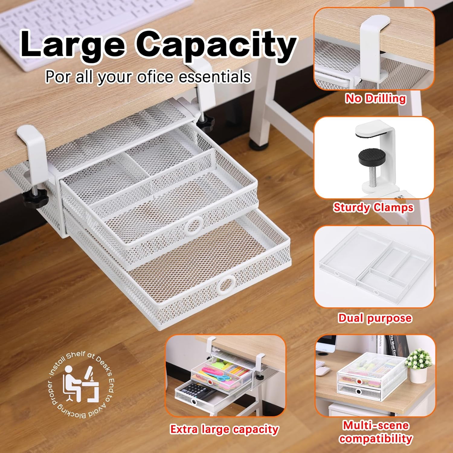 Under Desk & Desktop Drawer Organizer - 2-Tier Metal Slide Out Drawers Organizer, Storage for Home Office Desk (White)