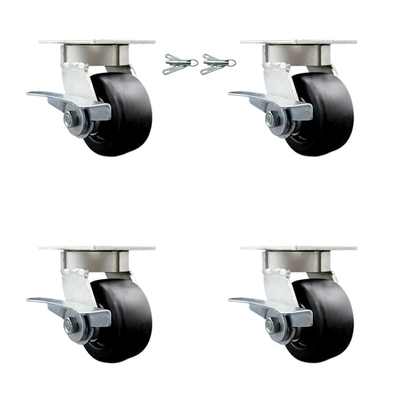4 Inch KP Polyolefin Caster Set with Ball Bearings 4 Brakes 2 Swivel Locks SCC