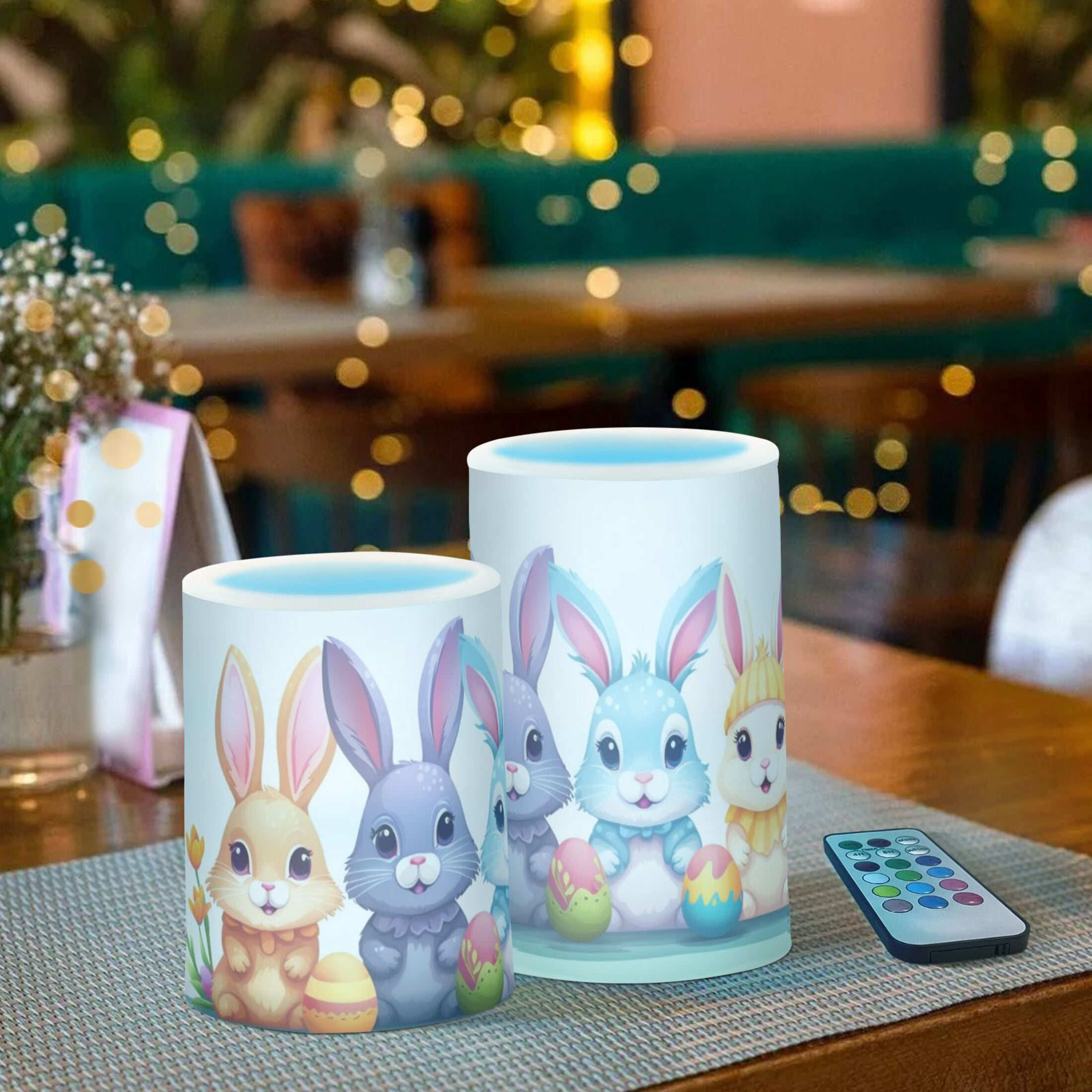 Cute Rabbit and Easter Egg Flameless Candles with Remote Timer LED Battery Operated Flickering Candle Light for Festival Wedding Home Party