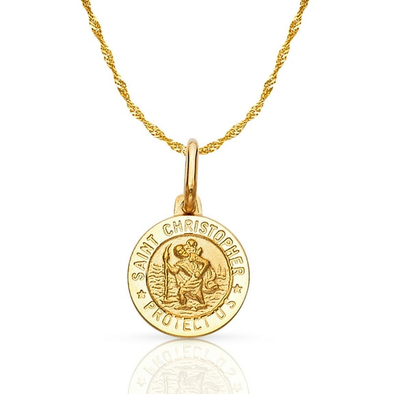Ioka-14K Yellow Gold St. Christopher Protect Us Charm Pendant with 0.9mm Singapore Chain Necklace - 16"