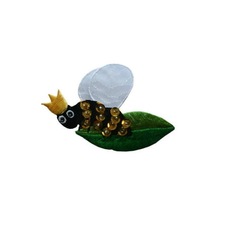 Bee Craft - ID 0394 Queen Bee On Leaf Patch Royal Bug Craft Embroidered Iron On Applique