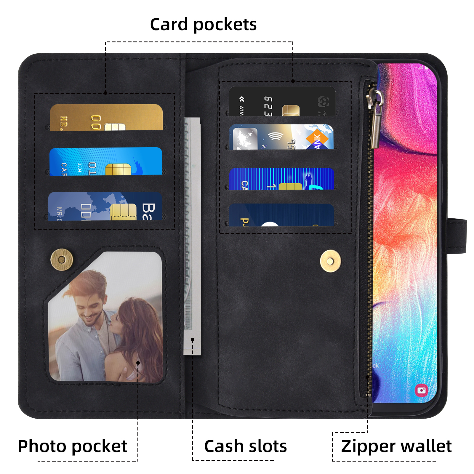 Asuwish Phone Case for Samsung Galaxy A50 A50S A30S Wallet Cover With Tempered Glass Screen Protector Crossbody Wrist Strap Flip Pattern Zipper Card Holder Cell A 50 50S 30S S50 50A SM A505G Black