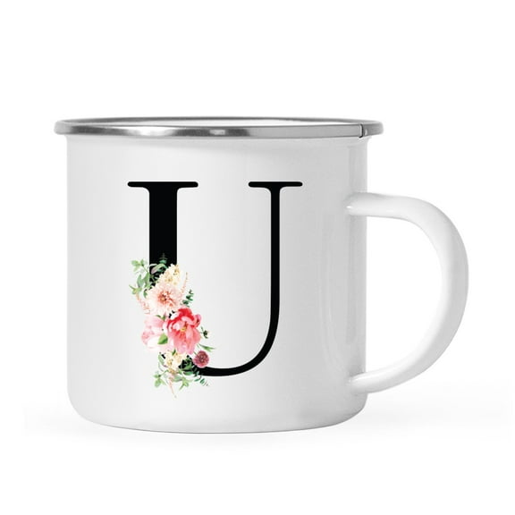 Koyal Wholesale Stainless Steel Campfire Coffee Mug, Blush Floral Monogram, Letter U