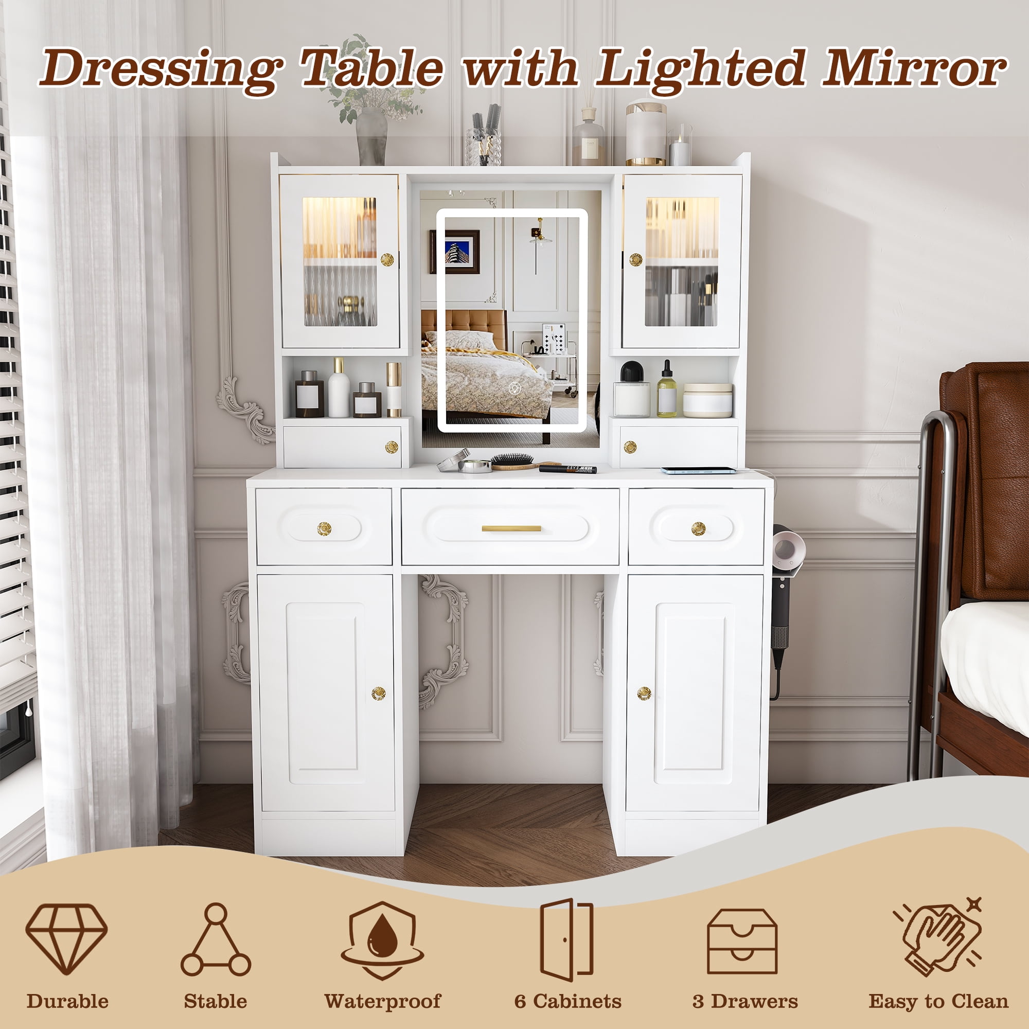 Mintazer Makeup Vanity Table with LED Lighted Mirror & Hair Dryer Holder, Large Dressing Table with 3 Drawers & 6 Cabinets and Power Outlet for Bedroom Apartments, White